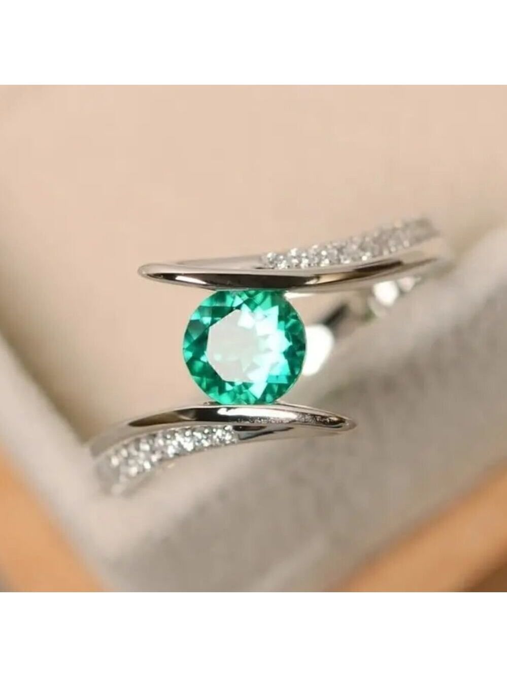 Green Emerald and Zircon Gemstone Ring Silver Plated